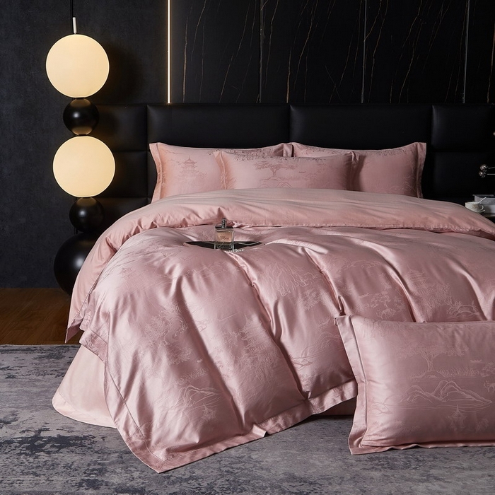 91家纺网 家纺一手货源 找家纺 金纱玉纺家纺 2026春夏新款全棉纯棉提花工艺四件套 墨韵山水-豆沙