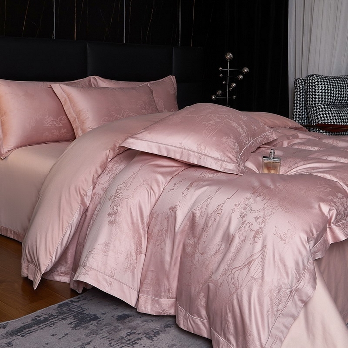 91家纺网 家纺一手货源 找家纺 金纱玉纺家纺 2026春夏新款全棉纯棉提花工艺四件套 墨韵山水-豆沙