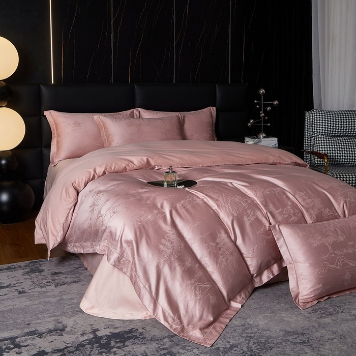 91家纺网 家纺一手货源 找家纺 金纱玉纺家纺 2026春夏新款全棉纯棉提花工艺四件套 墨韵山水-豆沙