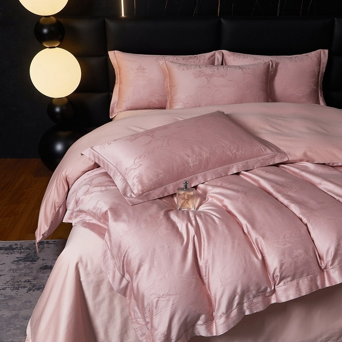 91家纺网 家纺一手货源 找家纺 金纱玉纺家纺 2026春夏新款全棉纯棉提花工艺四件套 墨韵山水-豆沙