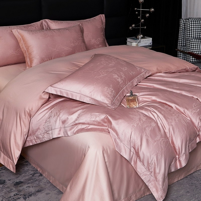 91家纺网 家纺一手货源 找家纺 金纱玉纺家纺 2026春夏新款全棉纯棉提花工艺四件套 墨韵山水-豆沙