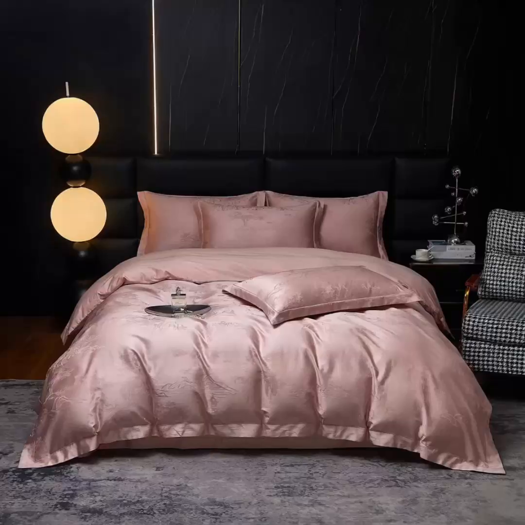 91家纺网 家纺一手货源 找家纺 金纱玉纺家纺 2026春夏新款全棉纯棉提花工艺四件套 墨韵山水-豆沙