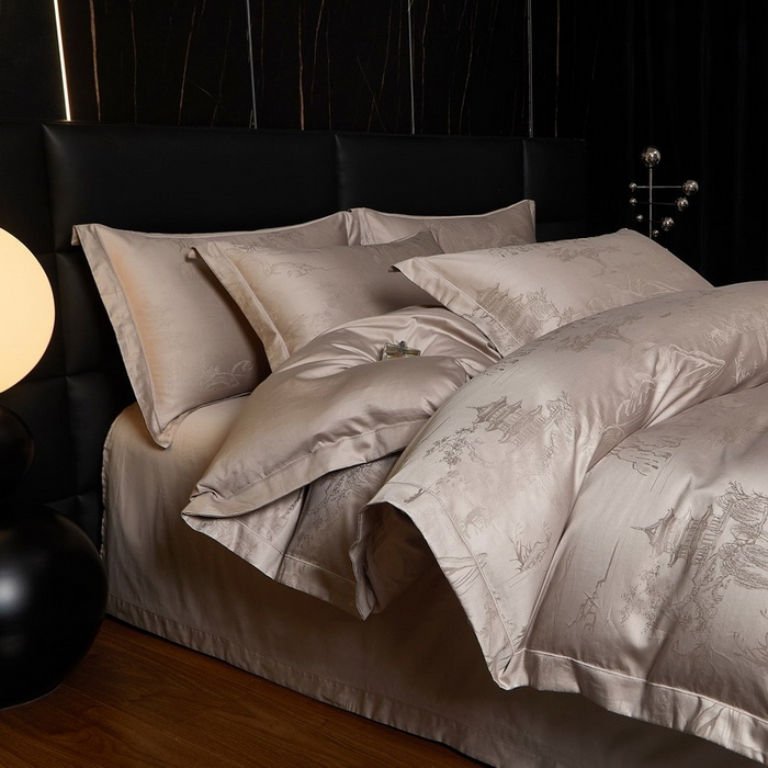 金纱玉纺家纺 2026春夏新款全棉纯棉提花工艺四件套 墨韵山水-米灰