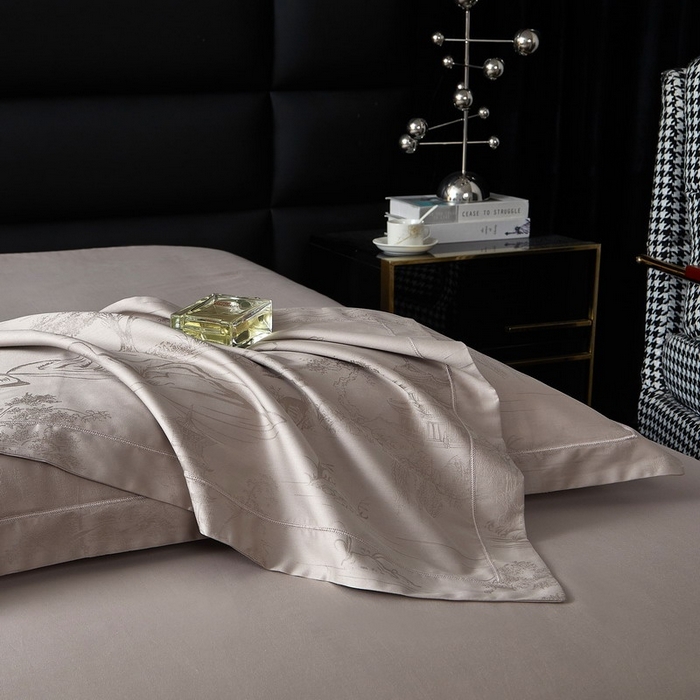 91家纺网 家纺一手货源 找家纺 金纱玉纺家纺 2026春夏新款全棉纯棉提花工艺四件套 墨韵山水-米灰