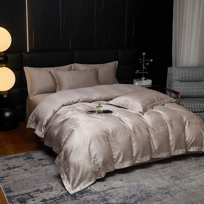 91家纺网 家纺一手货源 找家纺 金纱玉纺家纺 2026春夏新款全棉纯棉提花工艺四件套 墨韵山水-米灰