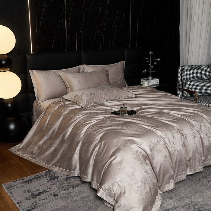 91家纺网 家纺一手货源 找家纺 金纱玉纺家纺 2026春夏新款全棉纯棉提花工艺四件套 墨韵山水-米灰