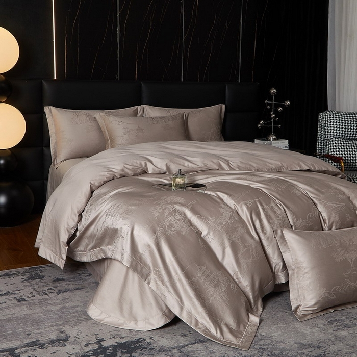 91家纺网 家纺一手货源 找家纺 金纱玉纺家纺 2026春夏新款全棉纯棉提花工艺四件套 墨韵山水-米灰