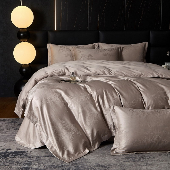 91家纺网 家纺一手货源 找家纺 金纱玉纺家纺 2026春夏新款全棉纯棉提花工艺四件套 墨韵山水-米灰