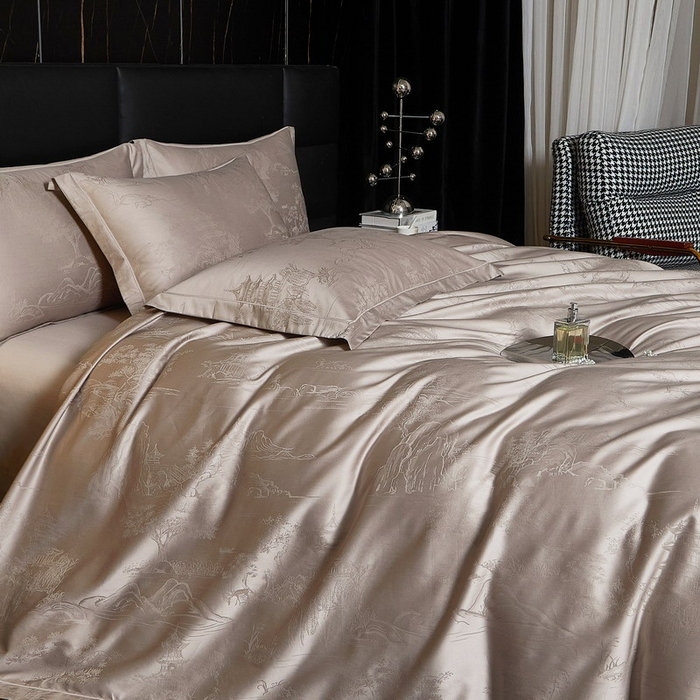 91家纺网 家纺一手货源 找家纺 金纱玉纺家纺 2026春夏新款全棉纯棉提花工艺四件套 墨韵山水-米灰