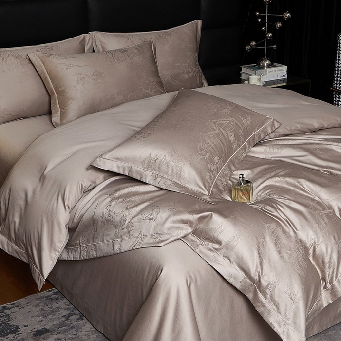 91家纺网 家纺一手货源 找家纺 金纱玉纺家纺 2026春夏新款全棉纯棉提花工艺四件套 墨韵山水-米灰