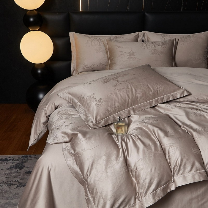 91家纺网 家纺一手货源 找家纺 金纱玉纺家纺 2026春夏新款全棉纯棉提花工艺四件套 墨韵山水-米灰