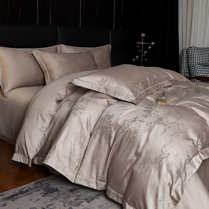 91家纺网 家纺一手货源 找家纺 金纱玉纺家纺 2026春夏新款全棉纯棉提花工艺四件套 墨韵山水-米灰