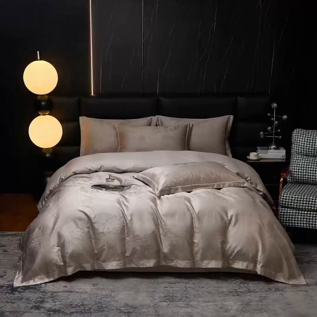 91家纺网 家纺一手货源 找家纺 金纱玉纺家纺 2026春夏新款全棉纯棉提花工艺四件套 墨韵山水-米灰