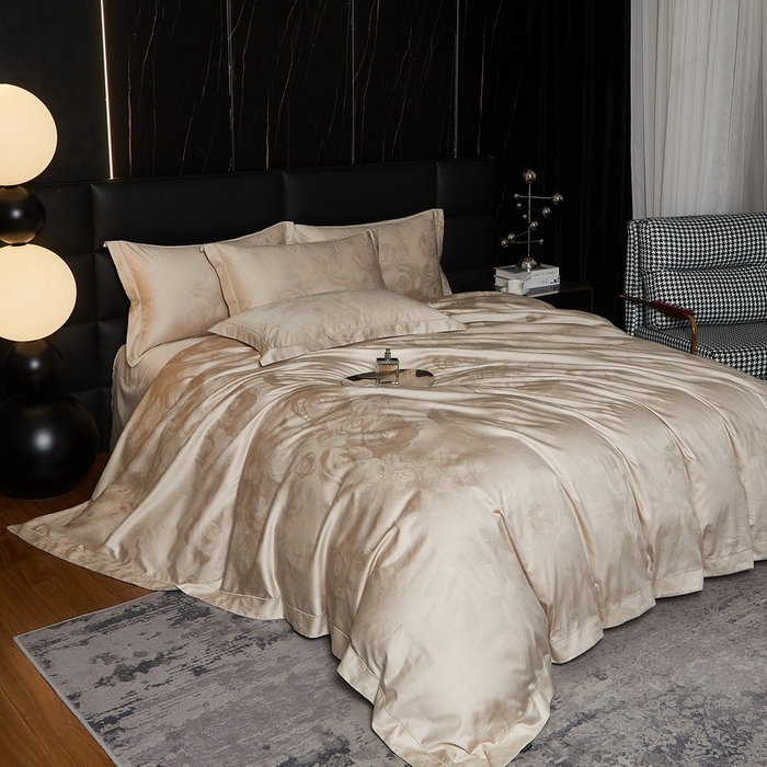 91家纺网 家纺一手货源 找家纺 金纱玉纺家纺 2026春夏新款全棉纯棉提花工艺四件套 纱缦-象牙灰