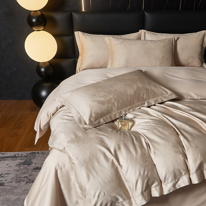 91家纺网 家纺一手货源 找家纺 金纱玉纺家纺 2026春夏新款全棉纯棉提花工艺四件套 纱缦-象牙灰