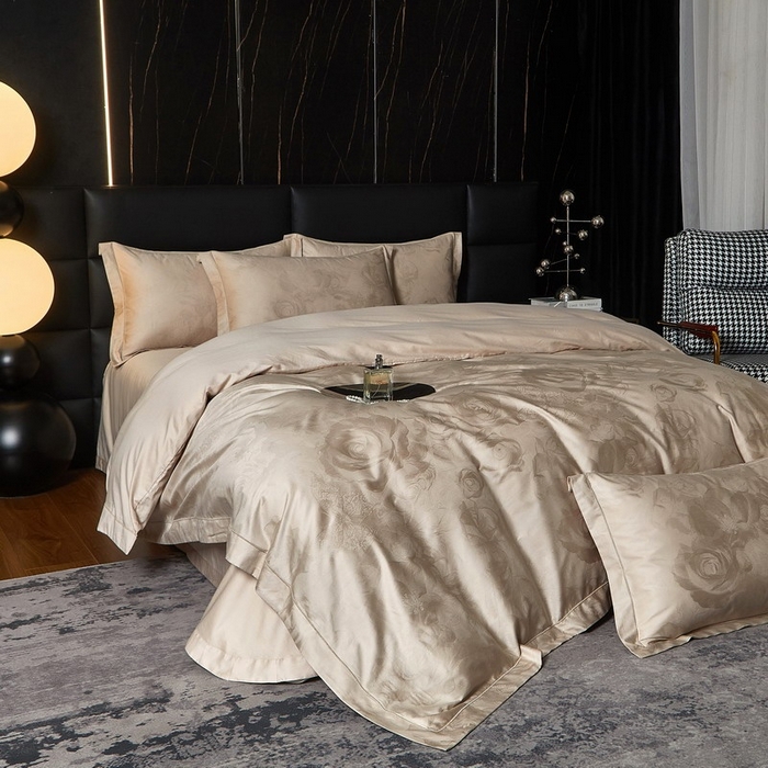 91家纺网 家纺一手货源 找家纺 金纱玉纺家纺 2026春夏新款全棉纯棉提花工艺四件套 纱缦-象牙灰