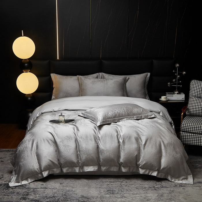 91家纺网 家纺一手货源 找家纺 金纱玉纺家纺 2026春夏新款全棉纯棉提花工艺四件套 竹亭青映-亚麻灰