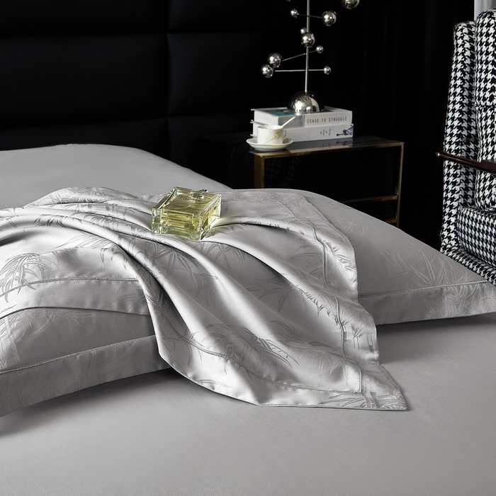 91家纺网 家纺一手货源 找家纺 金纱玉纺家纺 2026春夏新款全棉纯棉提花工艺四件套 竹亭青映-亚麻灰