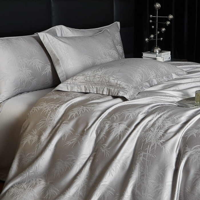 91家纺网 家纺一手货源 找家纺 金纱玉纺家纺 2026春夏新款全棉纯棉提花工艺四件套 竹亭青映-亚麻灰