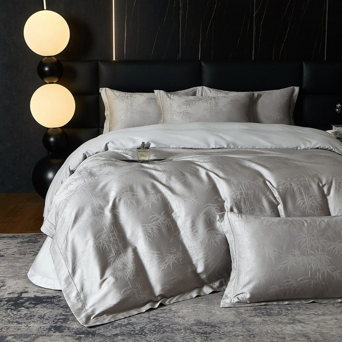 91家纺网 家纺一手货源 找家纺 金纱玉纺家纺 2026春夏新款全棉纯棉提花工艺四件套 竹亭青映-亚麻灰