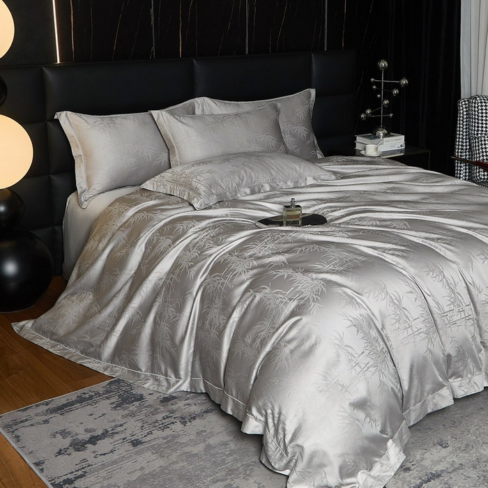 91家纺网 家纺一手货源 找家纺 金纱玉纺家纺 2026春夏新款全棉纯棉提花工艺四件套 竹亭青映-亚麻灰