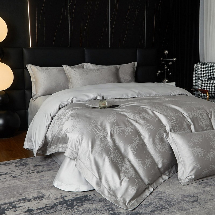 91家纺网 家纺一手货源 找家纺 金纱玉纺家纺 2026春夏新款全棉纯棉提花工艺四件套 竹亭青映-亚麻灰