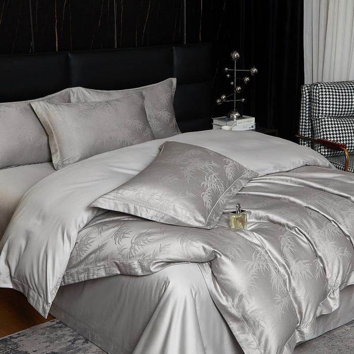 91家纺网 家纺一手货源 找家纺 金纱玉纺家纺 2026春夏新款全棉纯棉提花工艺四件套 竹亭青映-亚麻灰