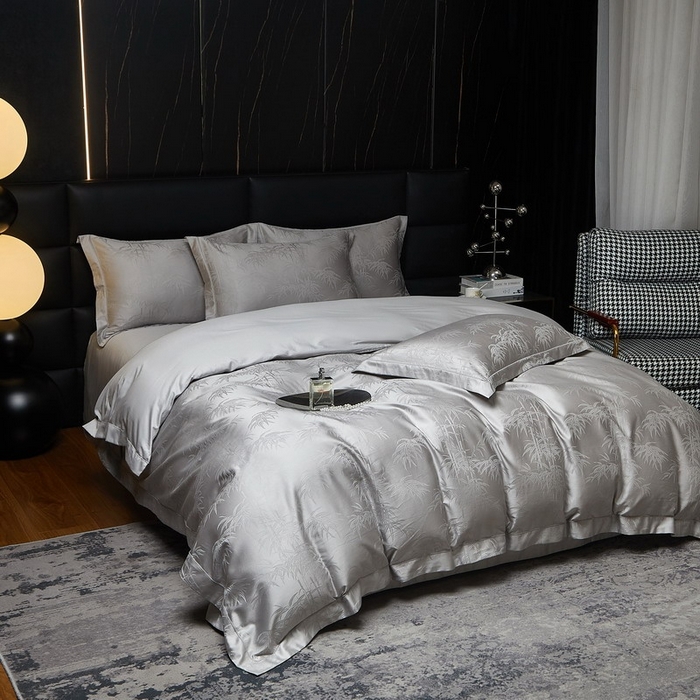 91家纺网 家纺一手货源 找家纺 金纱玉纺家纺 2026春夏新款全棉纯棉提花工艺四件套 竹亭青映-亚麻灰