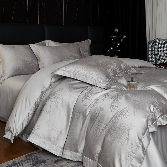 91家纺网 家纺一手货源 找家纺 金纱玉纺家纺 2026春夏新款全棉纯棉提花工艺四件套 竹亭青映-亚麻灰