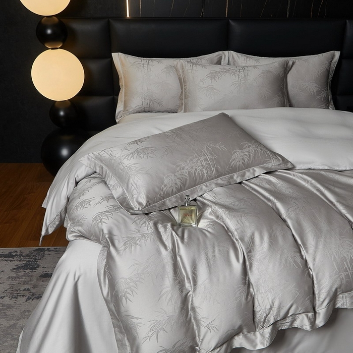 91家纺网 家纺一手货源 找家纺 金纱玉纺家纺 2026春夏新款全棉纯棉提花工艺四件套 竹亭青映-亚麻灰