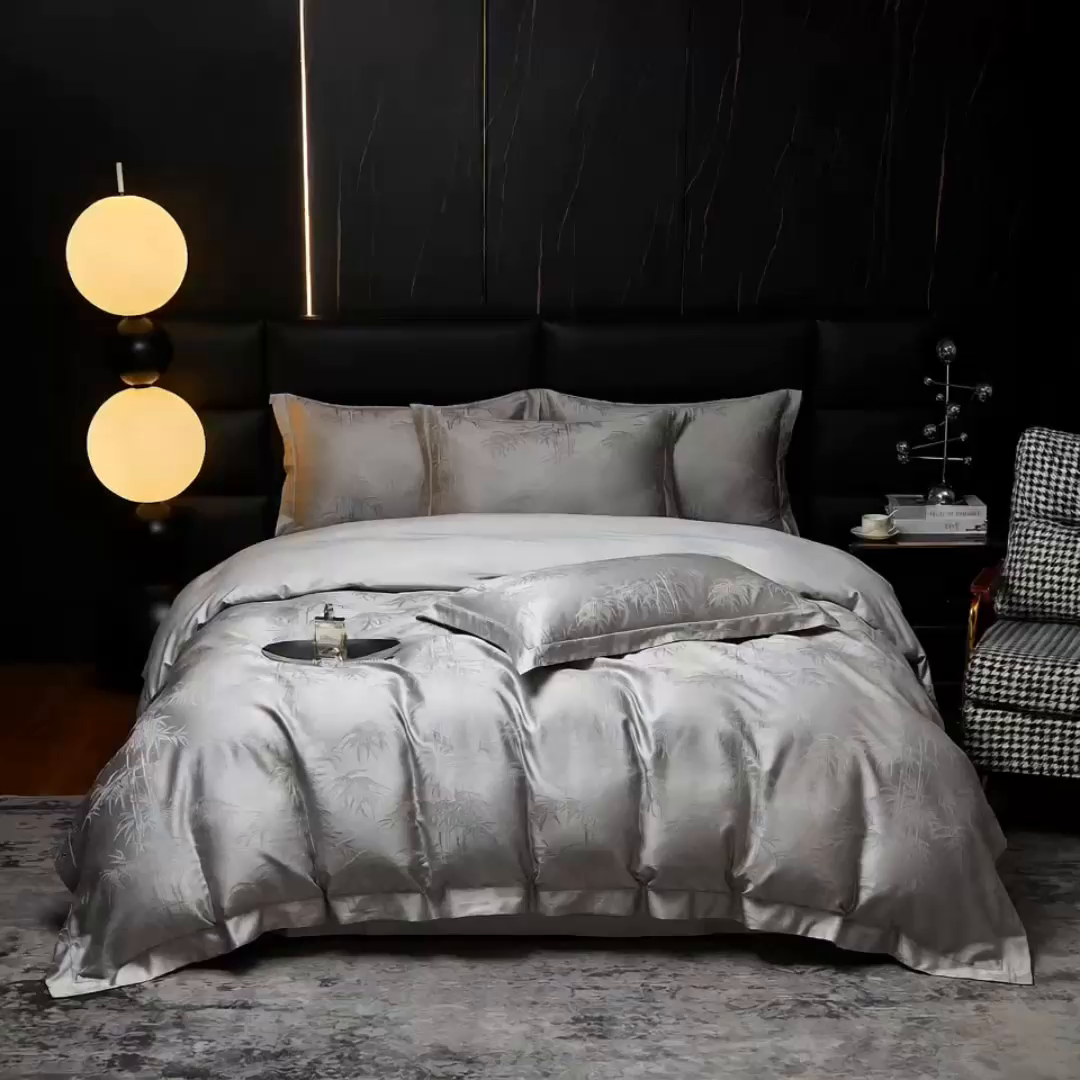 91家纺网 家纺一手货源 找家纺 金纱玉纺家纺 2026春夏新款全棉纯棉提花工艺四件套 竹亭青映-亚麻灰