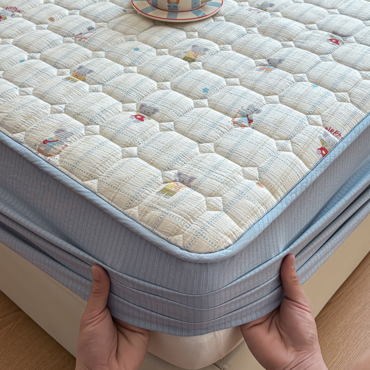 居眠 2026新款印花皱皱纱夹棉床笠 开心小象