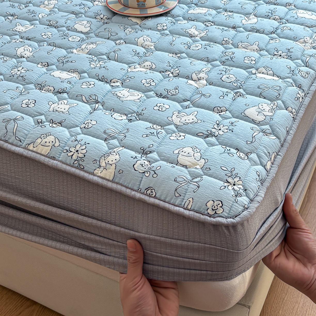 居眠 2026新款印花皱皱纱夹棉床笠 甜兔派对