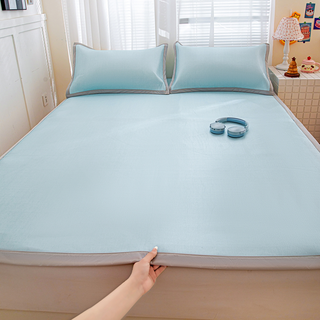 富馨莱 2026新款冰丝凉席平铺款支持一件定制定做 冰川蓝