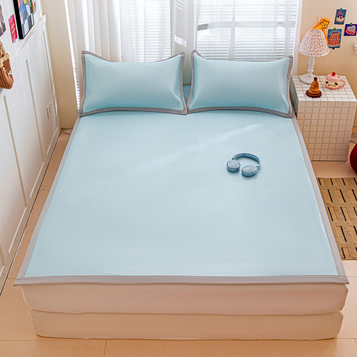 91家纺网 家纺一手货源 找家纺 富馨莱 2026新款冰丝凉席平铺款支持一件定制定做 冰川蓝