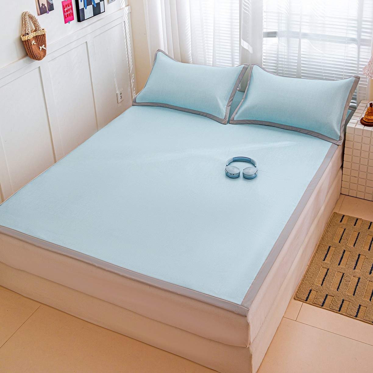 91家纺网 家纺一手货源 找家纺 富馨莱 2026新款冰丝凉席平铺款支持一件定制定做 冰川蓝