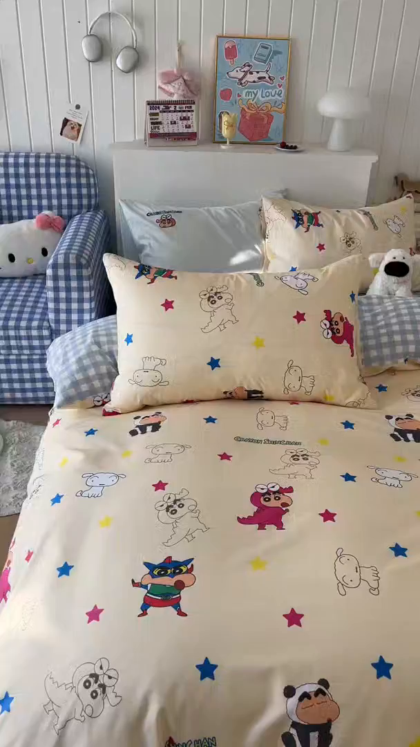 91家纺网 家纺一手货源 找家纺 （总）桃子家居 2026新款A类蜡笔小新正版授权刺绣混搭枕套卡通印花系列四件套