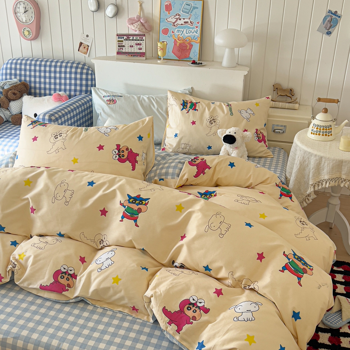 91家纺网 家纺一手货源 找家纺 （总）桃子家居 2026新款A类蜡笔小新正版授权刺绣混搭枕套卡通印花系列四件套