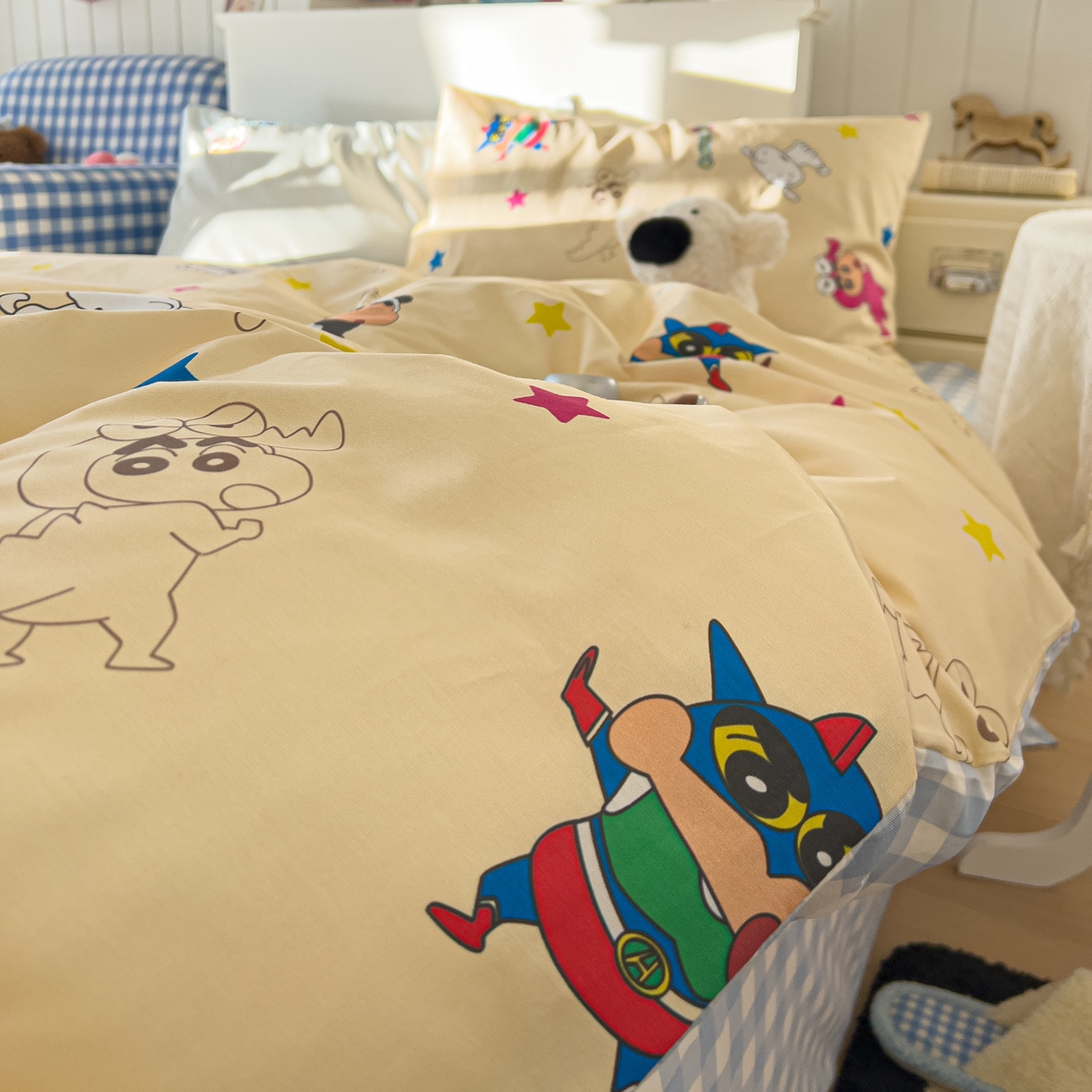 91家纺网 家纺一手货源 找家纺 （总）桃子家居 2026新款A类蜡笔小新正版授权刺绣混搭枕套卡通印花系列四件套