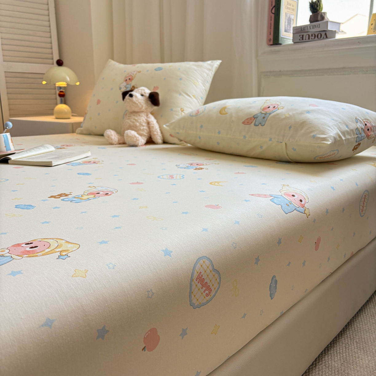 91家纺网 家纺一手货源 找家纺 居眠 2026新款全棉单层印花单床笠 蓝色星星人