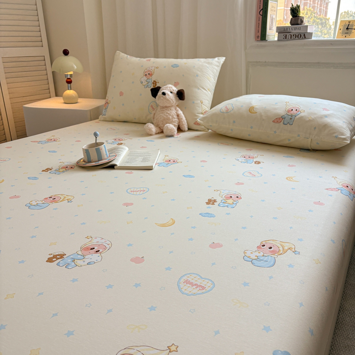 91家纺网 家纺一手货源 找家纺 居眠 2026新款全棉单层印花单床笠 蓝色星星人