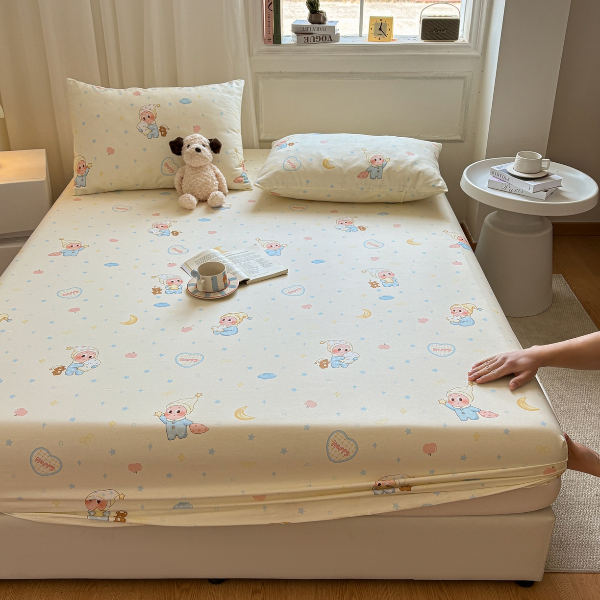 91家纺网 家纺一手货源 找家纺 居眠 2026新款全棉单层印花单床笠 蓝色星星人