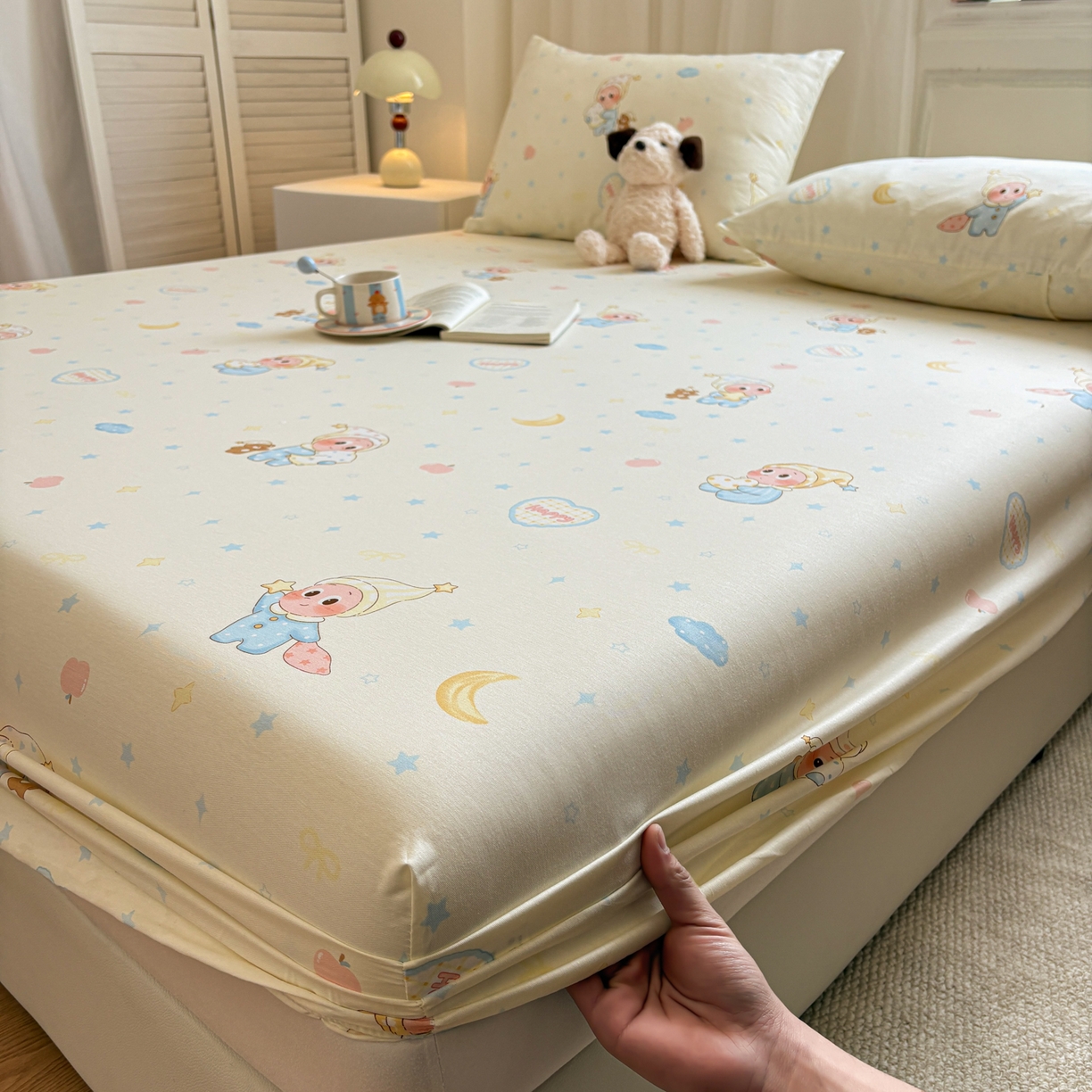 91家纺网 家纺一手货源 找家纺 居眠 2026新款全棉单层印花单床笠 蓝色星星人