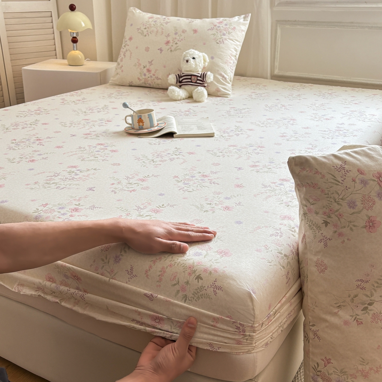 91家纺网 家纺一手货源 找家纺 居眠 2026新款全棉单层印花单床笠 粉铃花语-粉