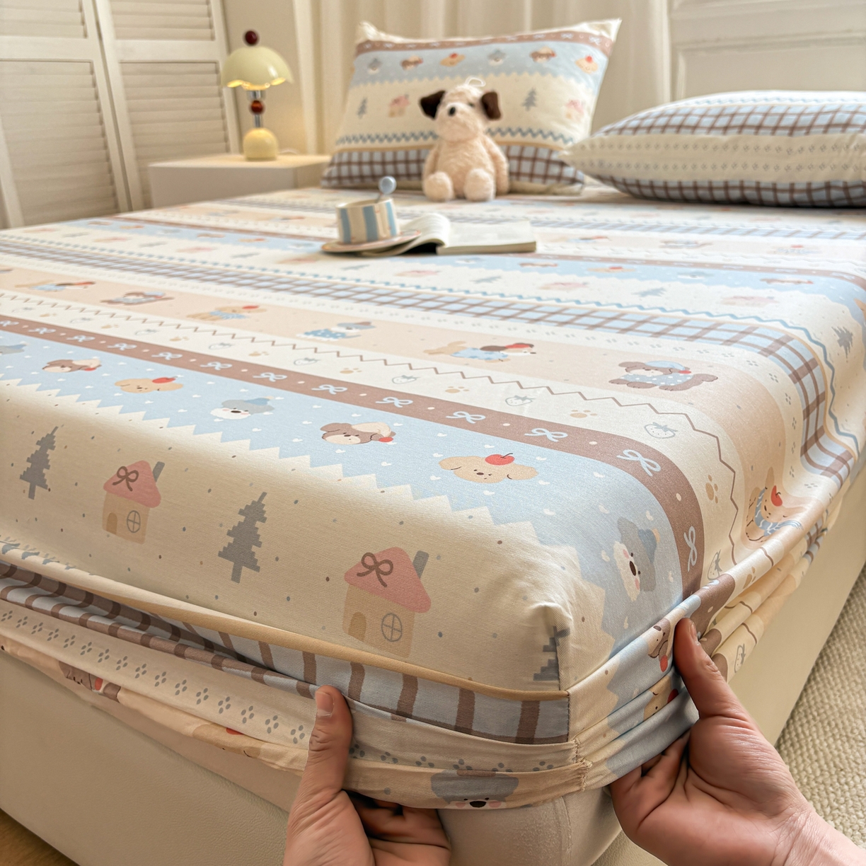 91家纺网 家纺一手货源 找家纺 居眠 2026新款全棉单层印花单床笠 费尔岛小狗