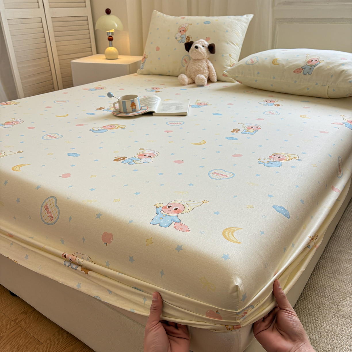 91家纺网 家纺一手货源 找家纺 居眠 2026新款全棉单层印花单床笠 蓝色星星人