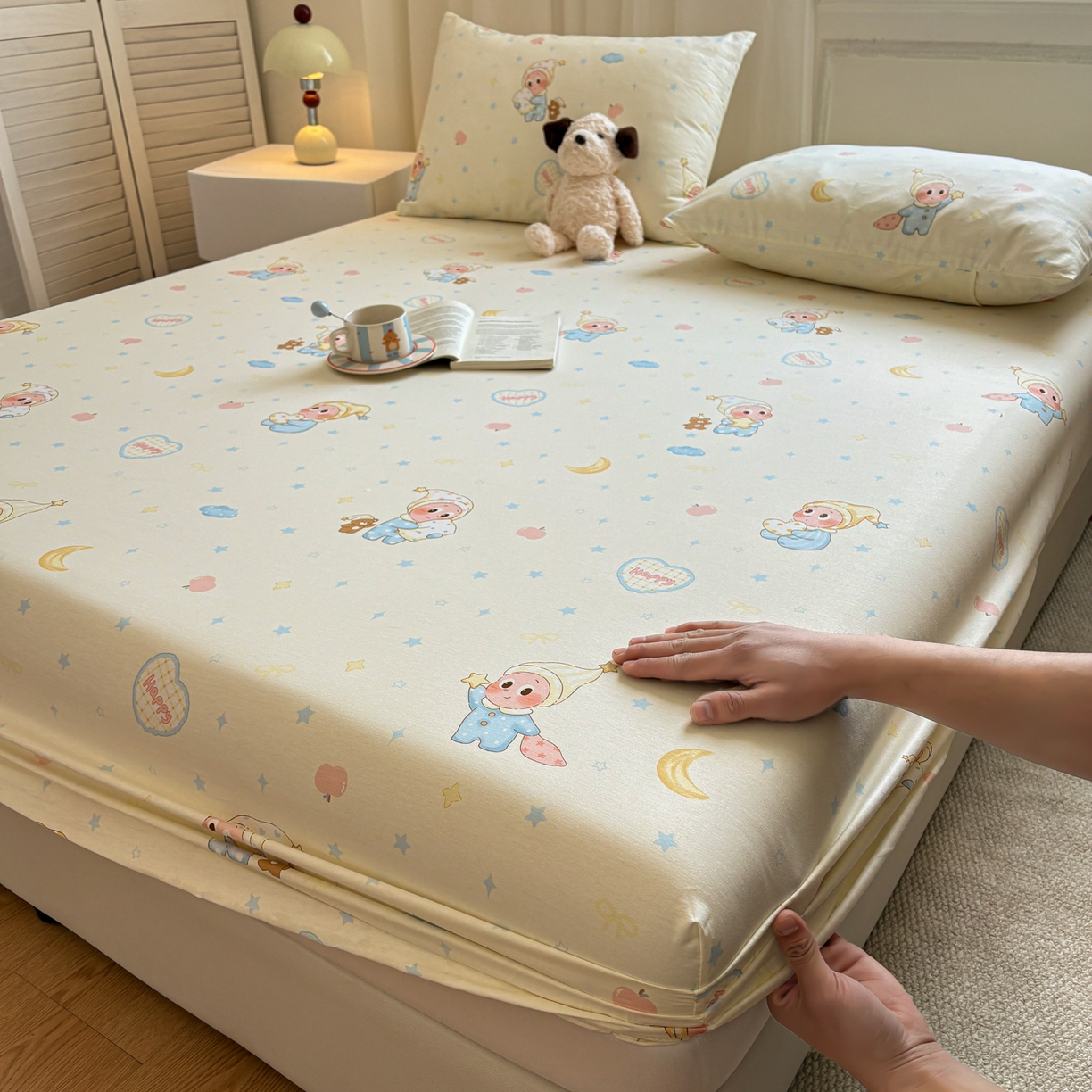 91家纺网 家纺一手货源 找家纺 居眠 2026新款全棉单层印花单床笠 蓝色星星人