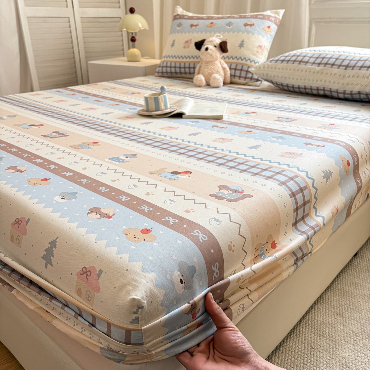 91家纺网 家纺一手货源 找家纺 居眠 2026新款全棉单层印花单床笠 费尔岛小狗