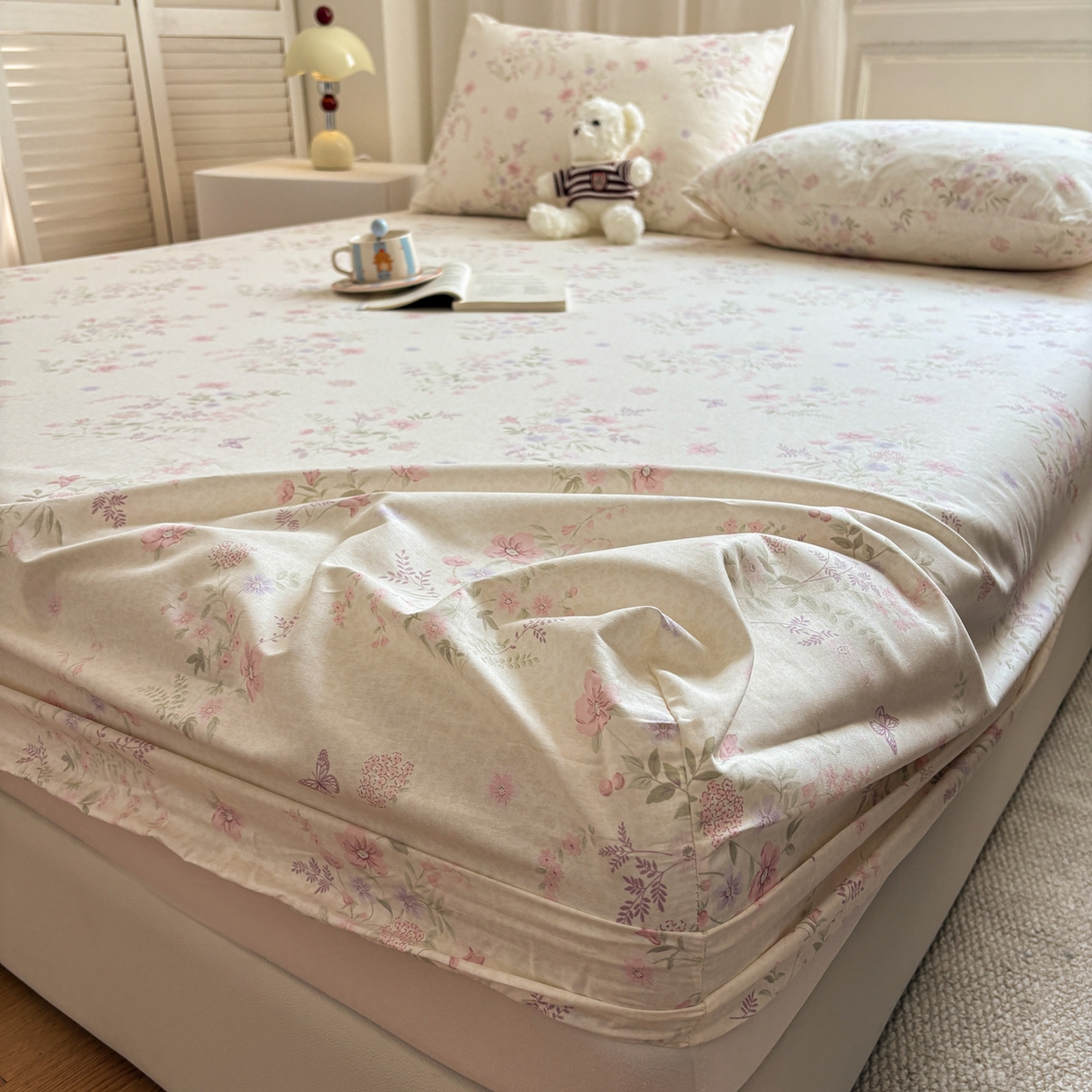 91家纺网 家纺一手货源 找家纺 居眠 2026新款全棉单层印花单床笠 粉铃花语-粉