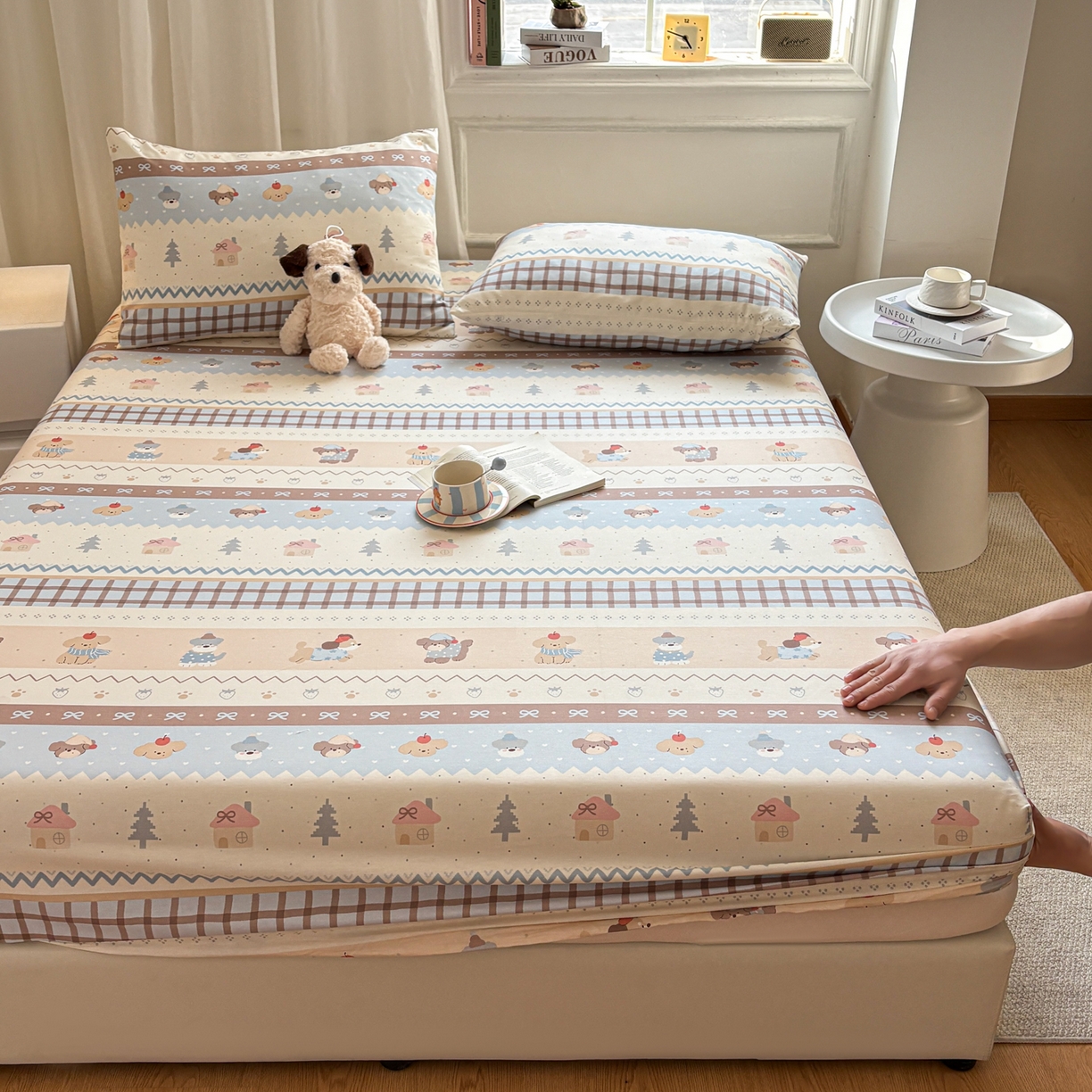 91家纺网 家纺一手货源 找家纺 居眠 2026新款全棉单层印花单床笠 费尔岛小狗